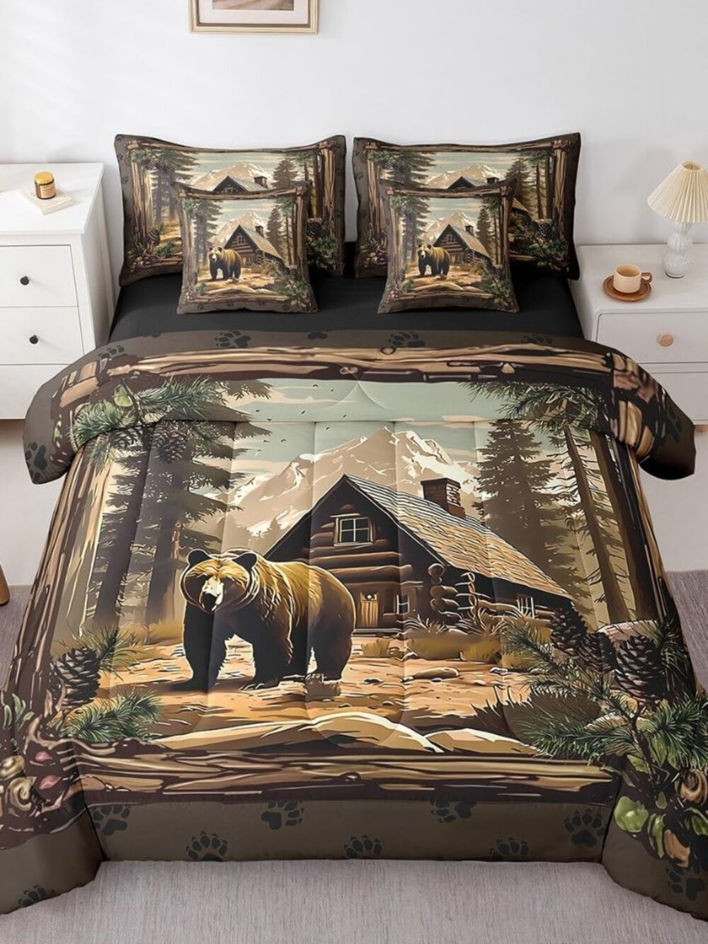 Retro Bear Queen Comforter Set with Sheets 7 Piece Lodge Cabin